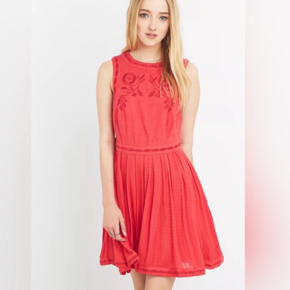Free People Birds of a Feather Coral Embroidered Mini Dress